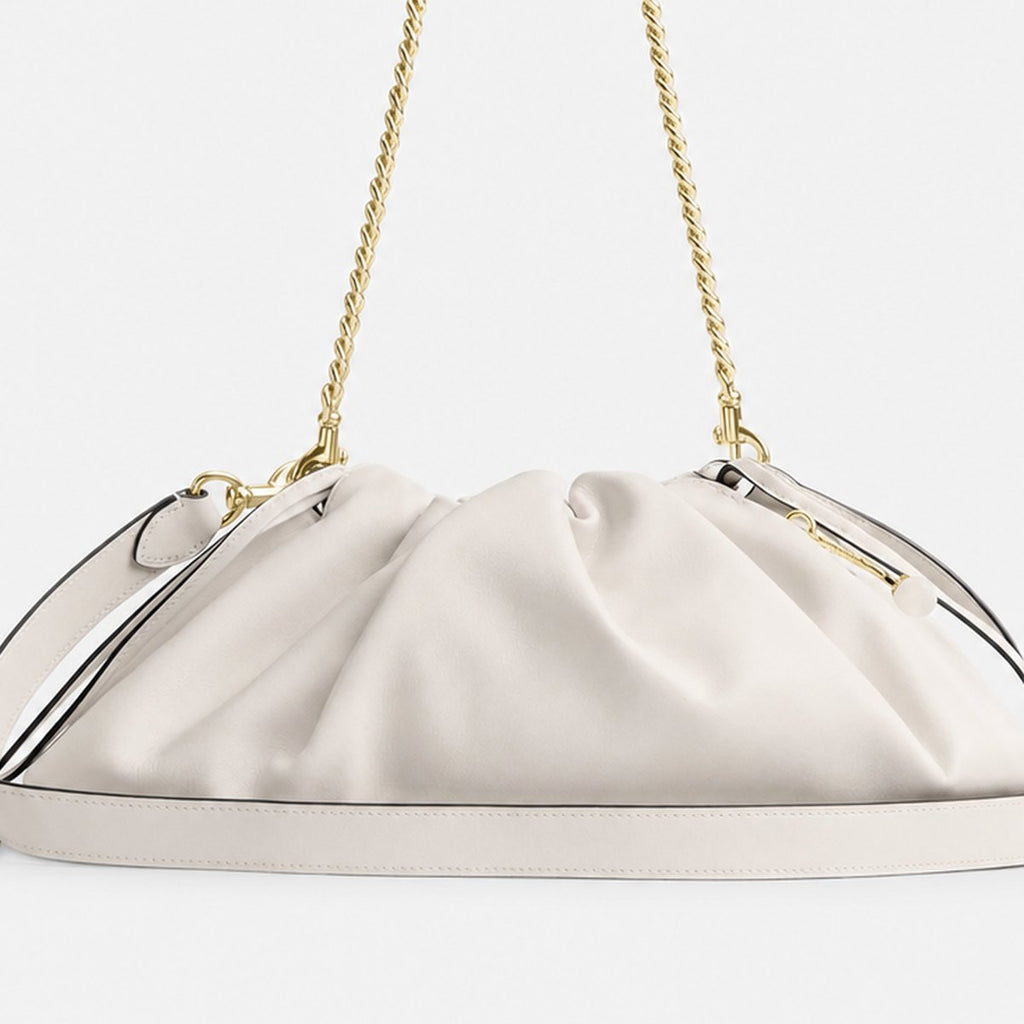 Chalk Smooth Leather Drawstring Shoulder Bag, photo 3