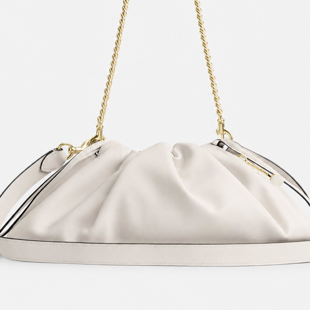 Chalk Smooth Leather Drawstring Shoulder Bag, photo 3