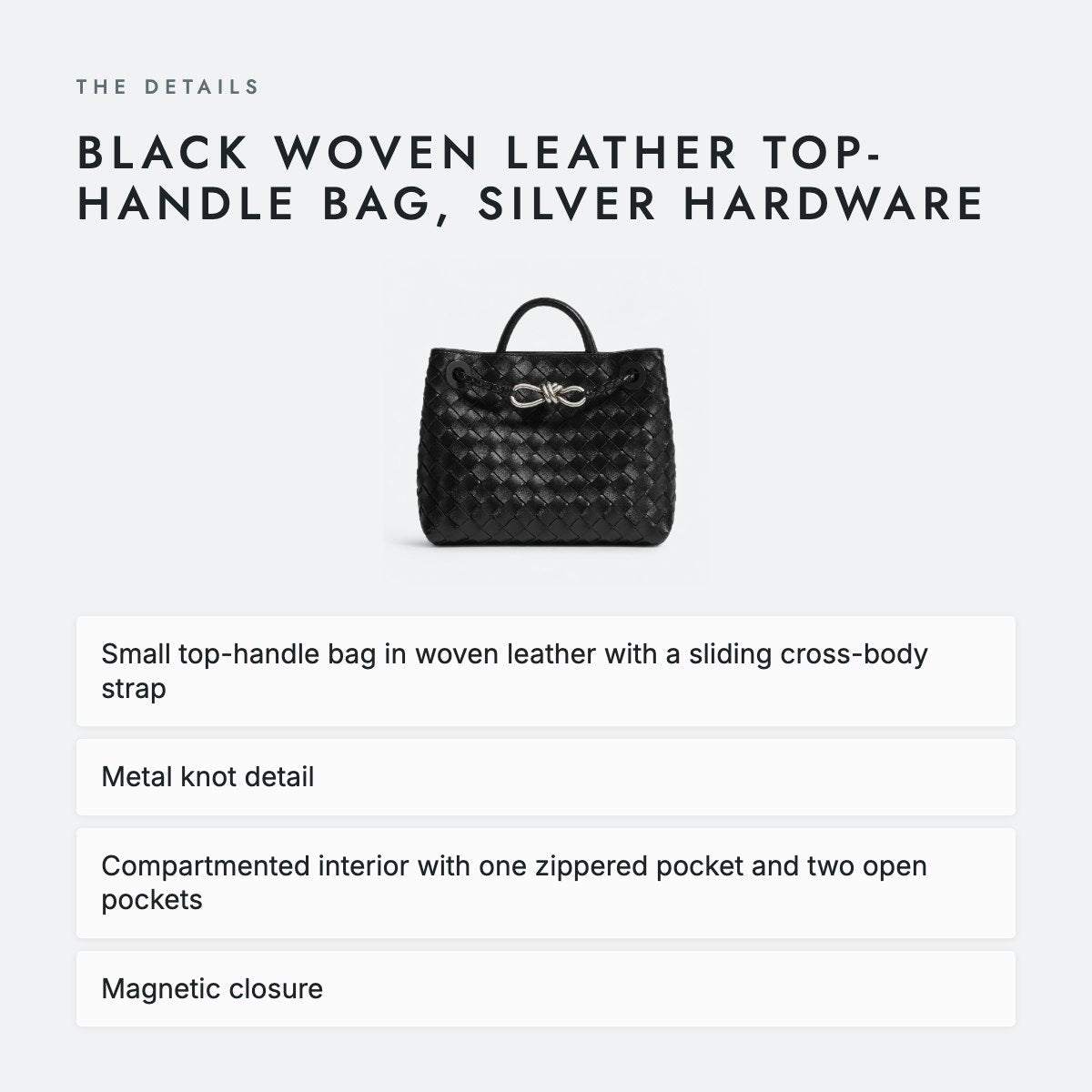 Black Woven Leather Top-Handle Bag, Silver Hardware, photo 4