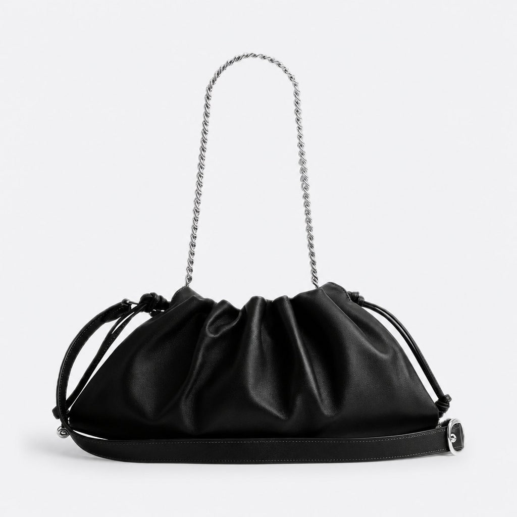 Black Smooth Leather Drawstring Shoulder Bag, photo 1