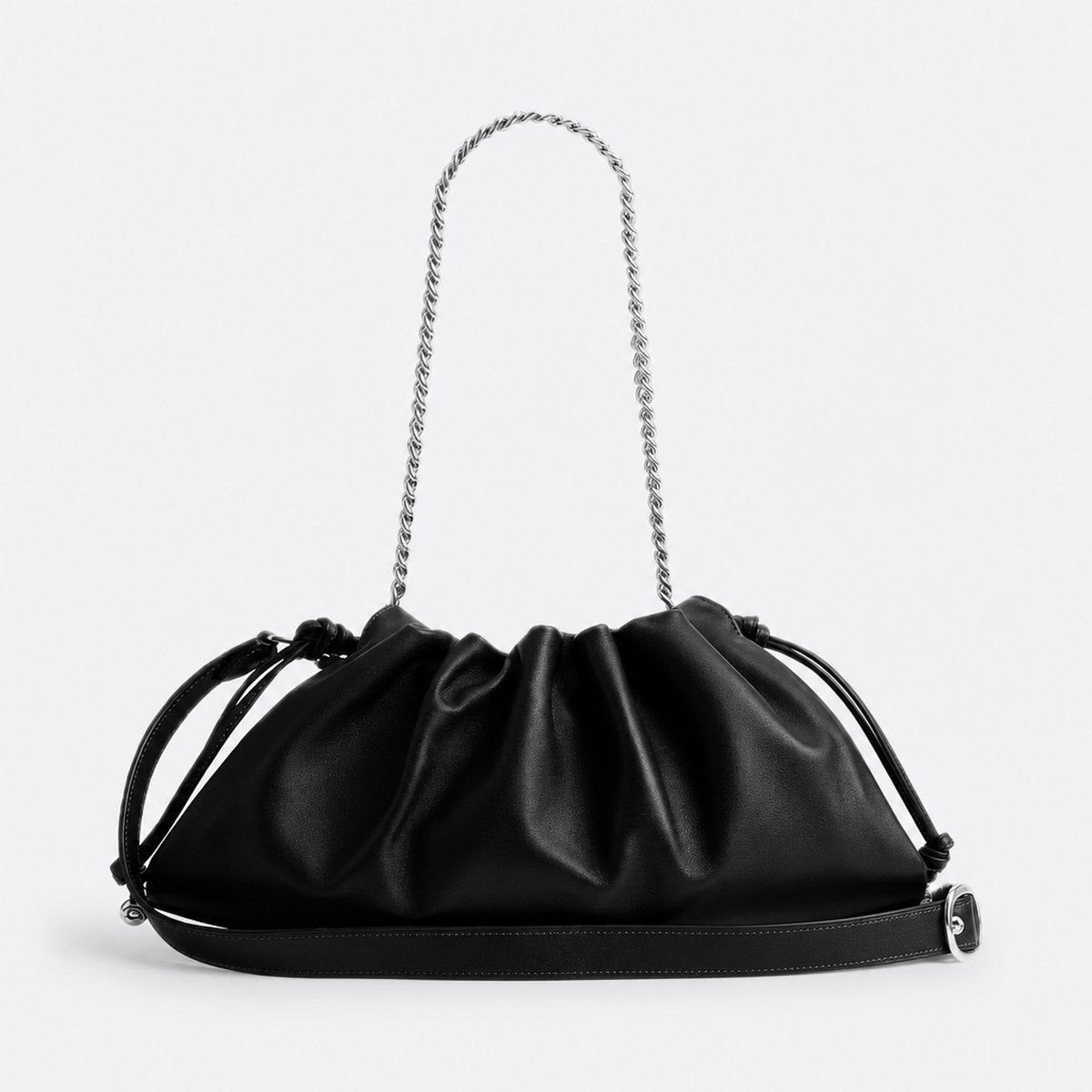 Black Smooth Leather Drawstring Shoulder Bag, photo 1