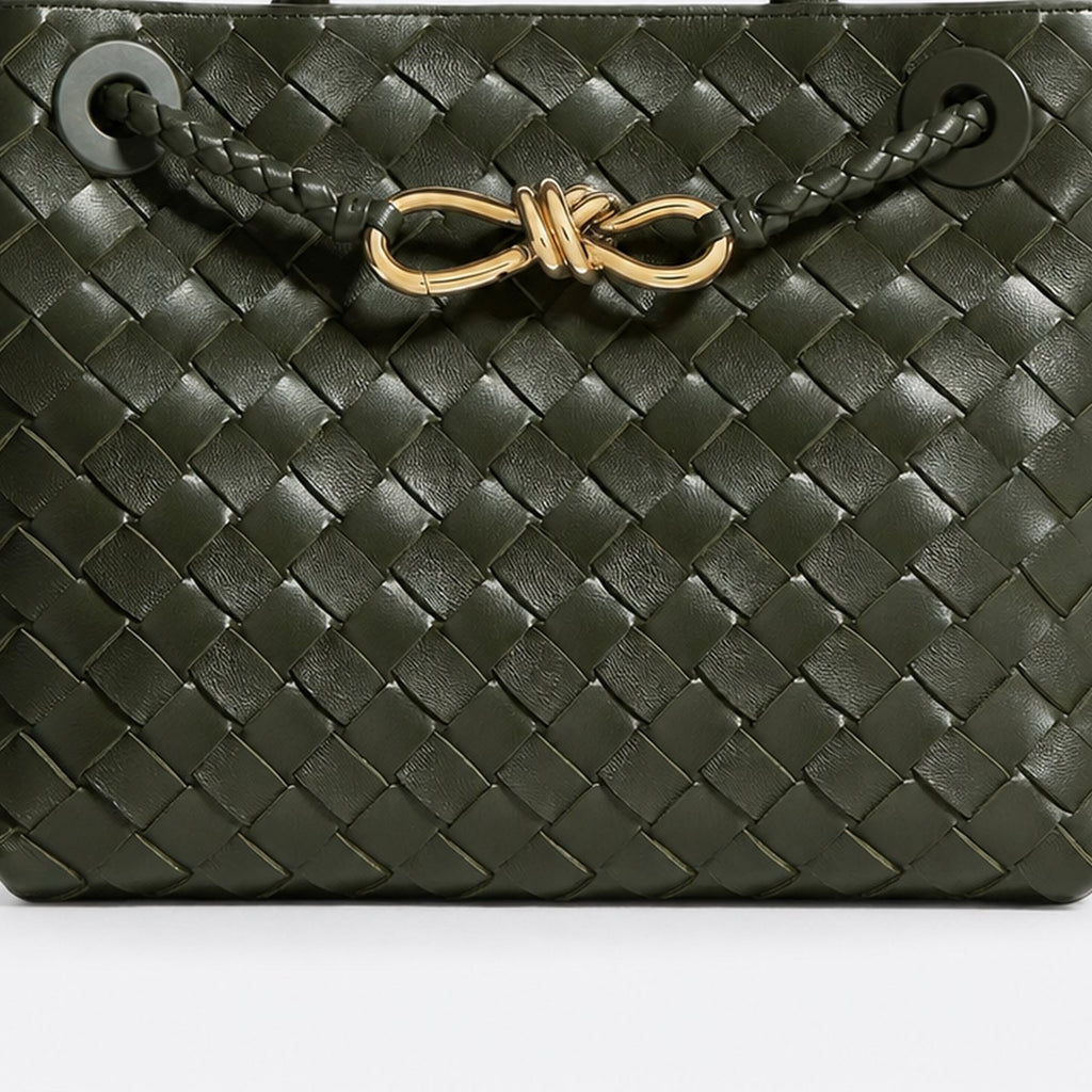 Dark Green Woven Leather Top-Handle Bag, photo 3