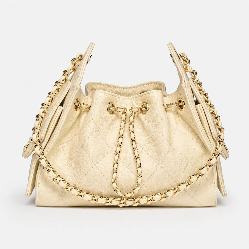 Ecru Quilted Grained Calfskin Mini Drawstring Bag, photo 1