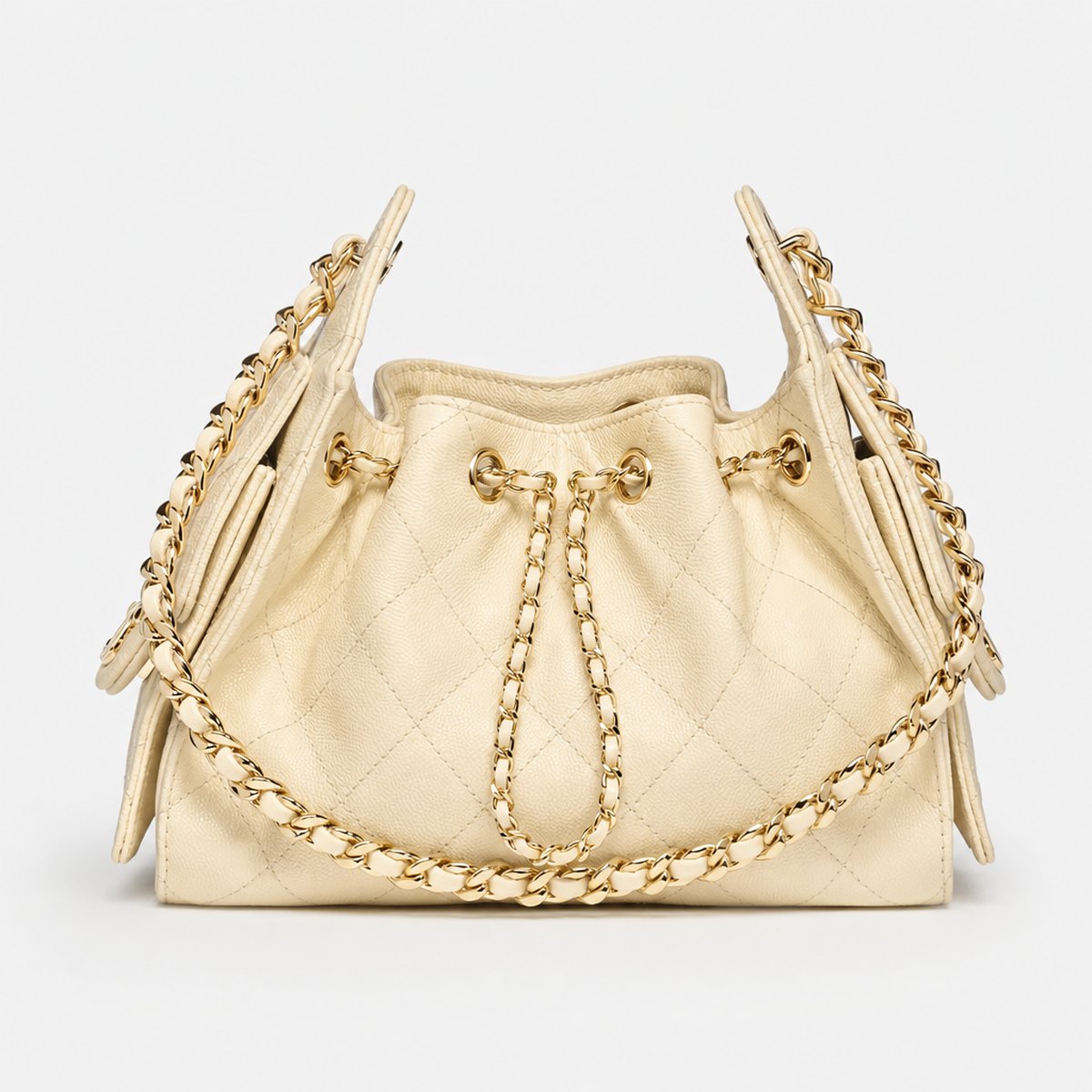 Ecru Quilted Grained Calfskin Mini Drawstring Bag, photo 1