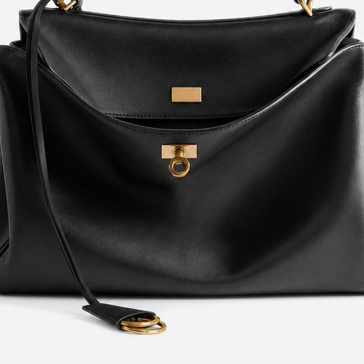 Black Leather Top-Handle Bag, Gold-Tone Hardware, photo 3