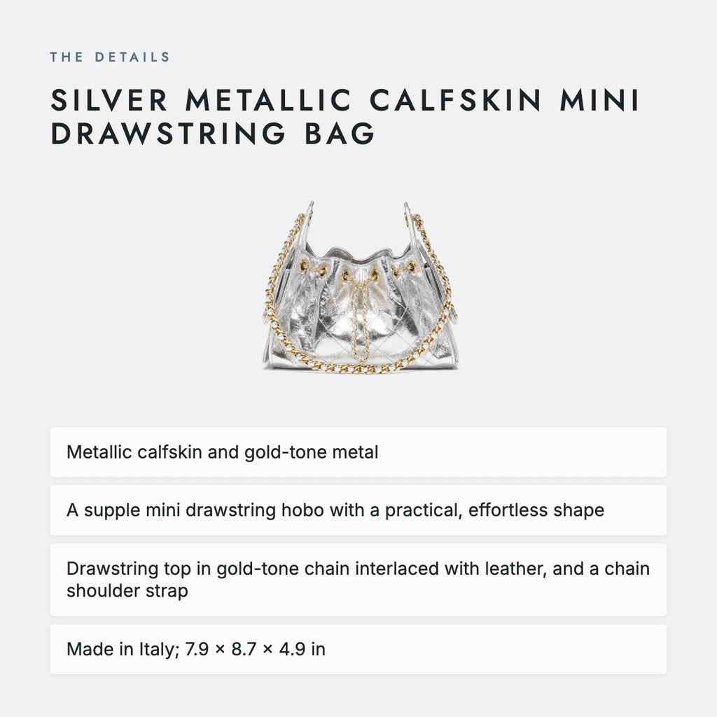Silver Metallic Calfskin Mini Drawstring Bag, photo 4