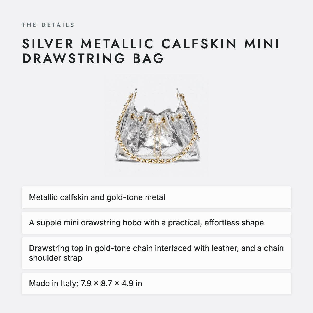 Silver Metallic Calfskin Mini Drawstring Bag, photo 4
