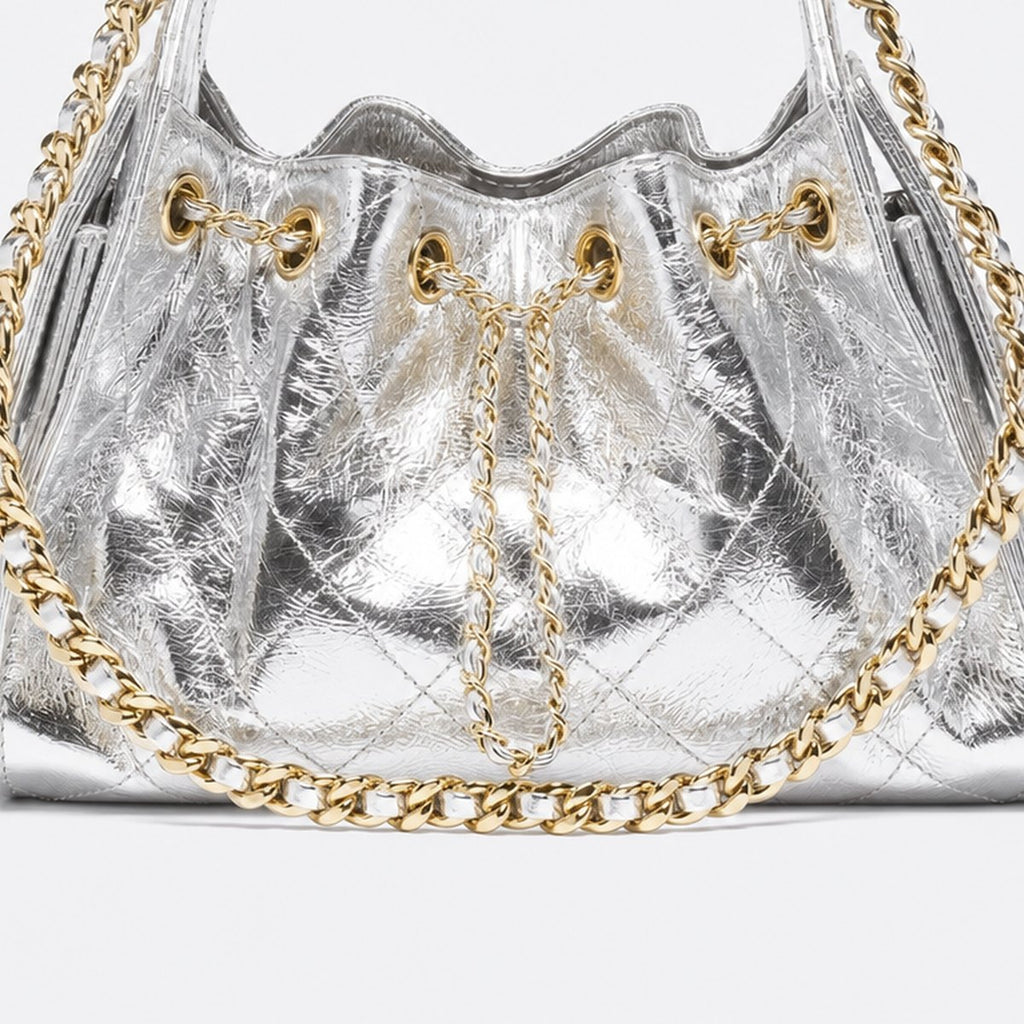 Silver Metallic Calfskin Mini Drawstring Bag, photo 3