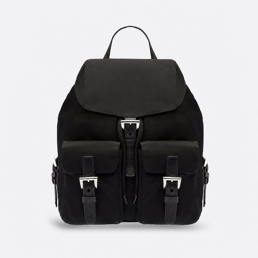 Small Black Nylon Backpack with Buckle Pockets, photo 1