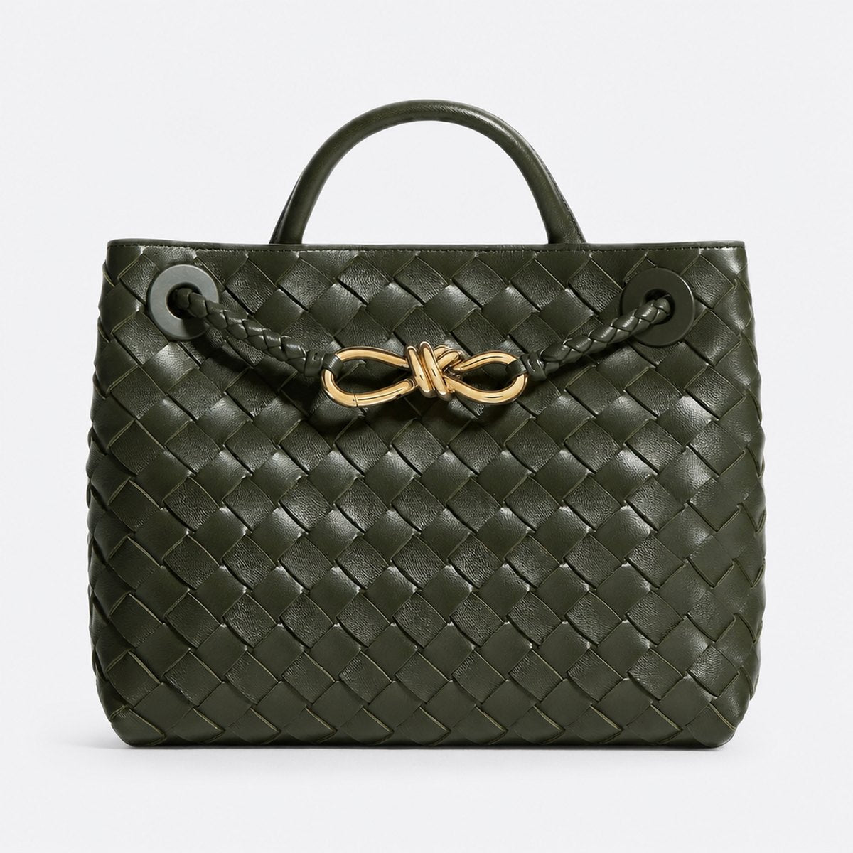 Dark Green Woven Leather Top-Handle Bag, photo 1
