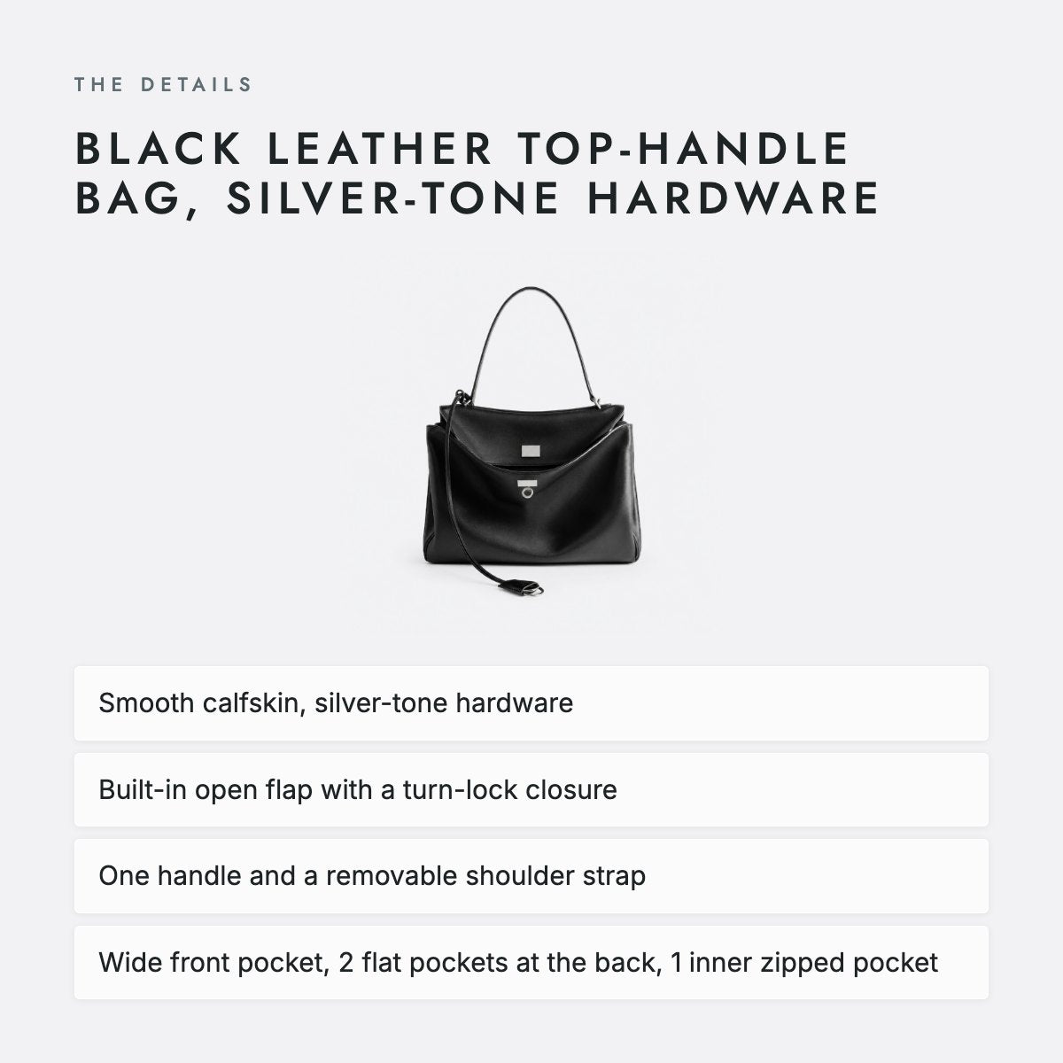 Black Leather Top-Handle Bag, Silver-Tone Hardware, photo 4
