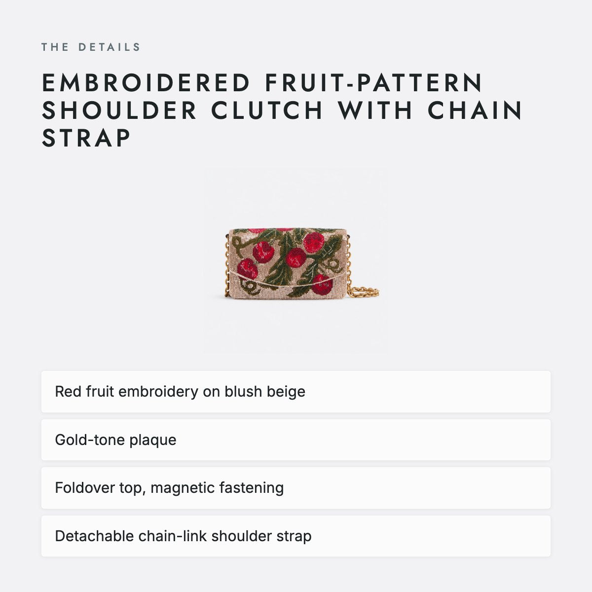 Embroidered Fruit-Pattern Shoulder Clutch with Chain Strap, photo 4