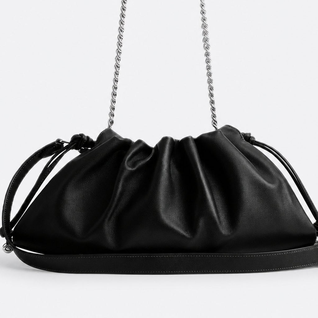 Black Smooth Leather Drawstring Shoulder Bag, photo 3