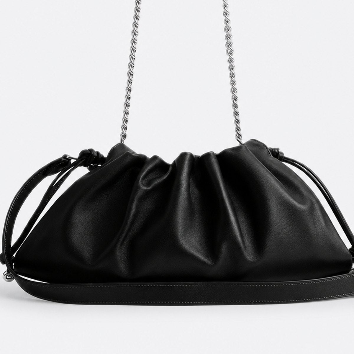 Black Smooth Leather Drawstring Shoulder Bag, photo 3