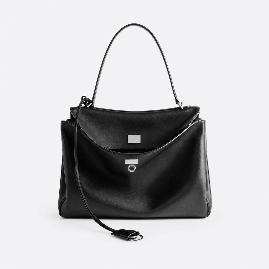 Black Leather Top-Handle Bag, Silver-Tone Hardware, photo 1