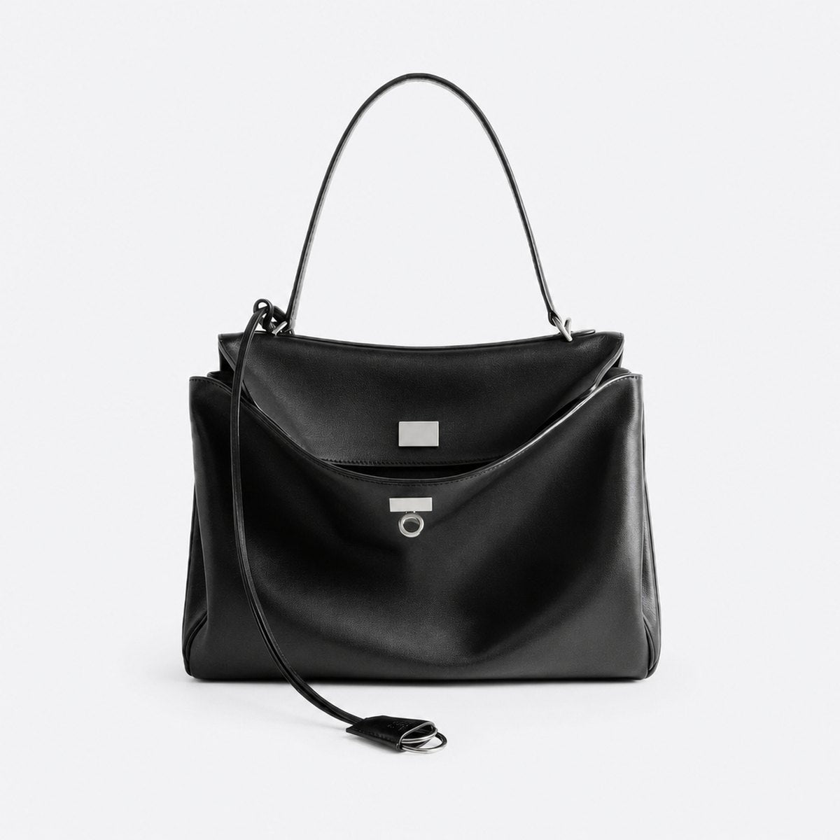 Black Leather Top-Handle Bag, Silver-Tone Hardware, photo 1