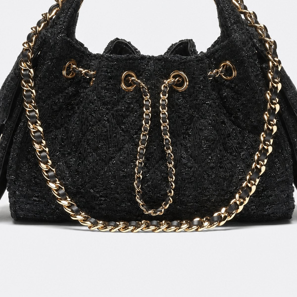 Black Cotton and Wool Tweed Mini Drawstring Bag, photo 3