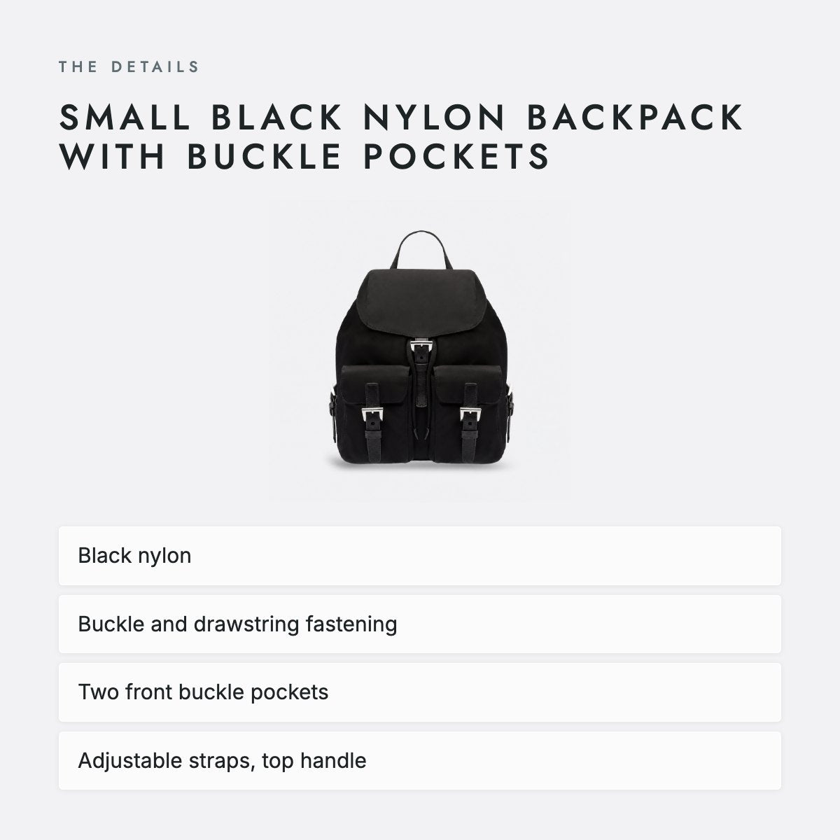 Small Black Nylon Backpack with Buckle Pockets, photo 4