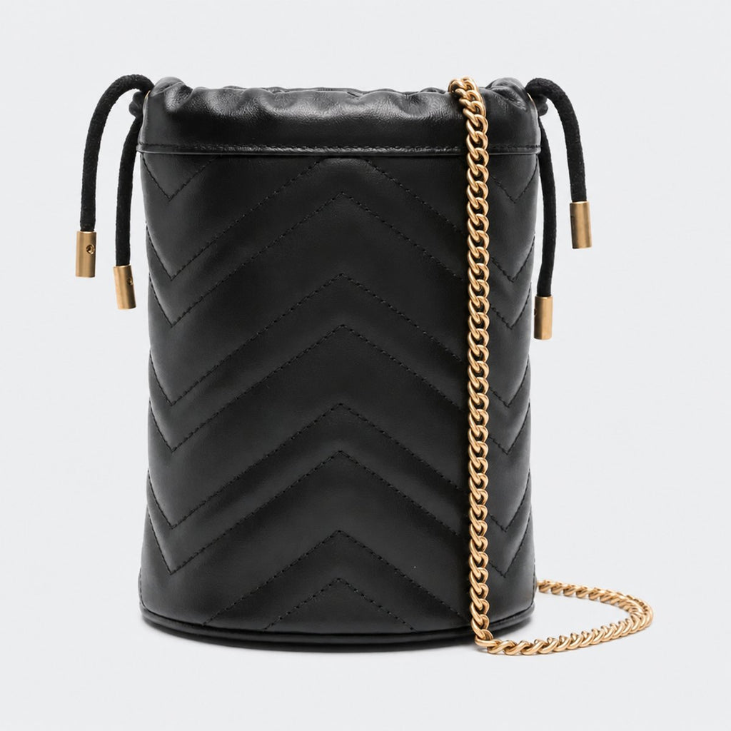 Mini Black Quilted Leather Bucket Bag with Chain Strap, photo 1