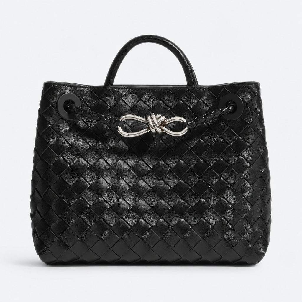 Black Woven Leather Top-Handle Bag, Silver Hardware, photo 1