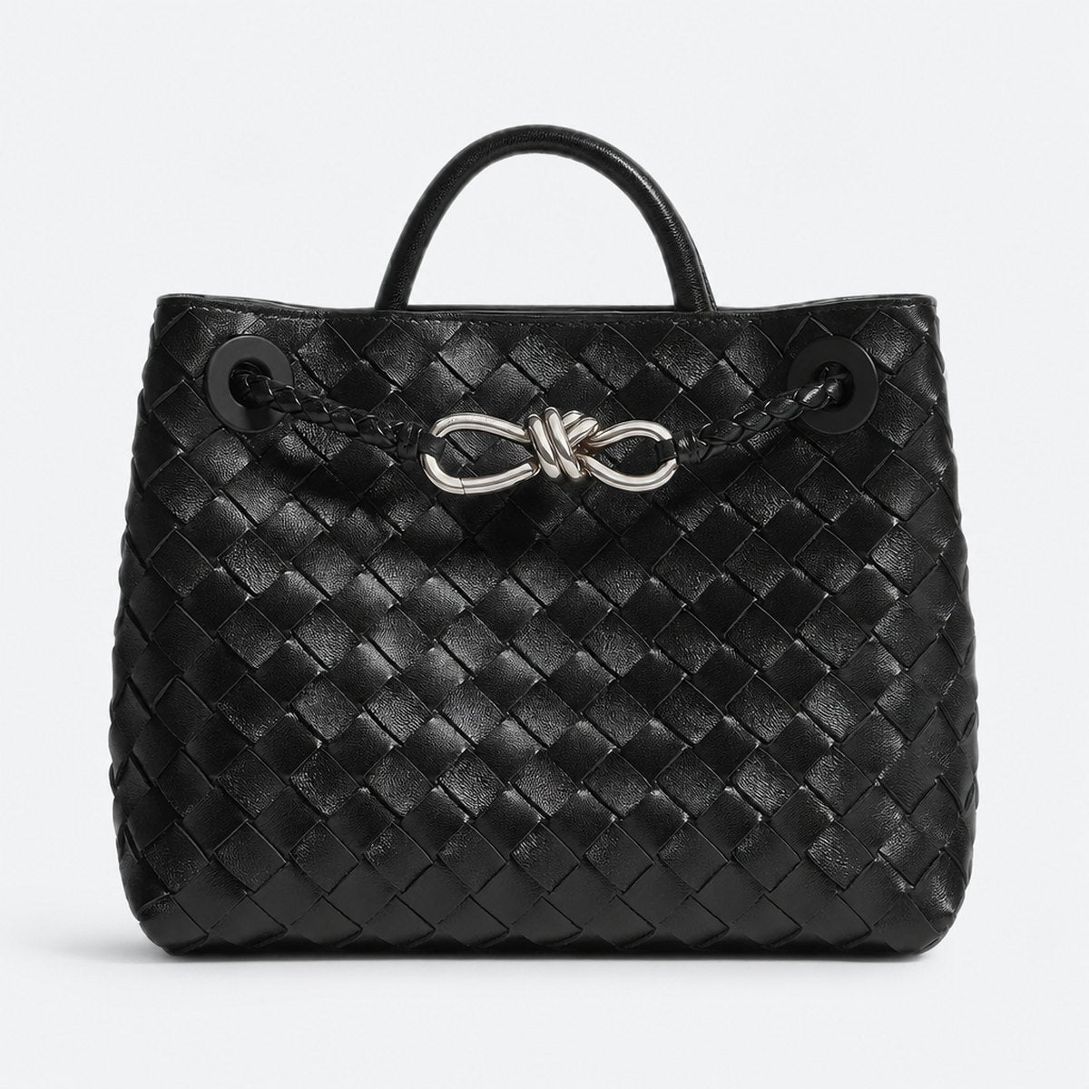 Black Woven Leather Top-Handle Bag, Silver Hardware, photo 1
