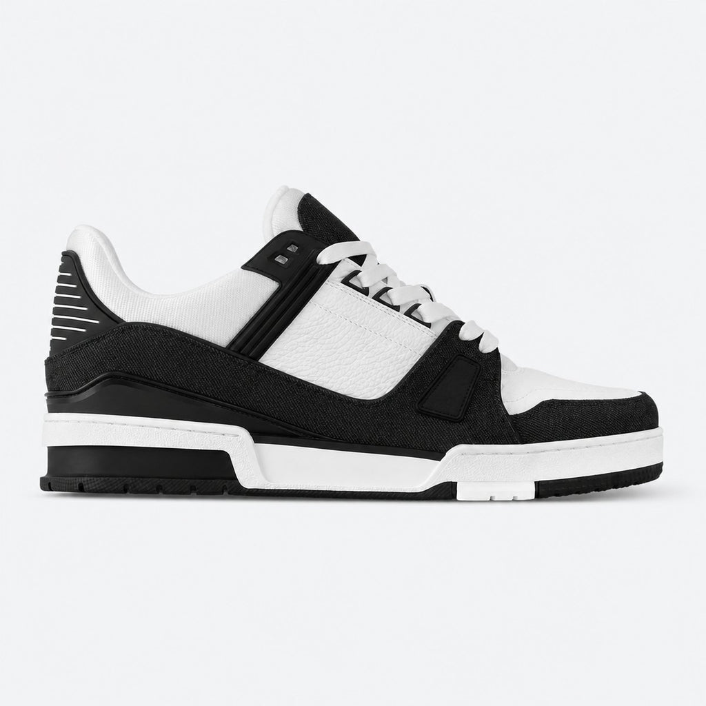 Black Denim and Embossed Leather Sneakers, photo 1