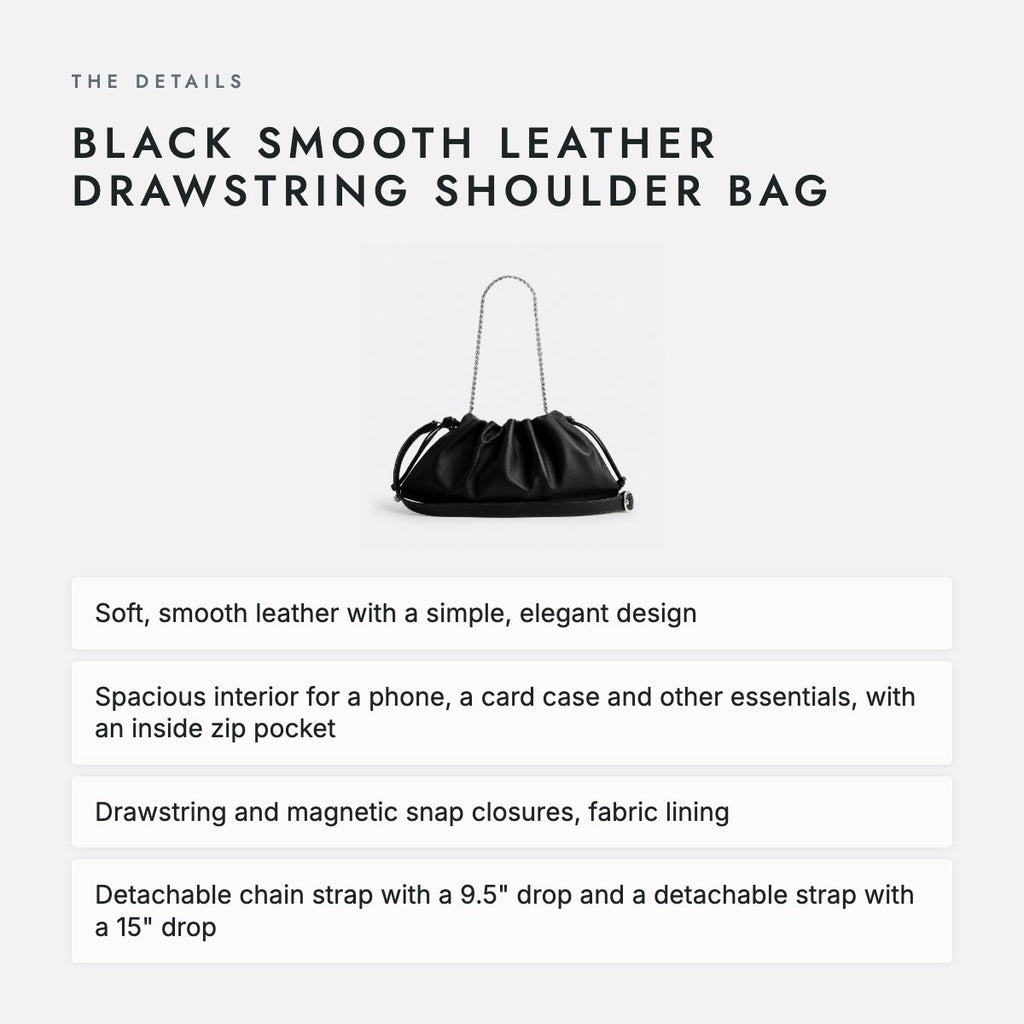 Black Smooth Leather Drawstring Shoulder Bag, photo 4