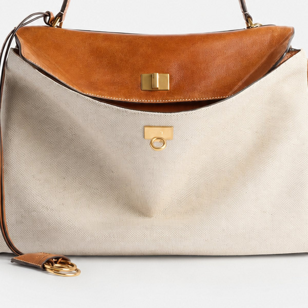Beige Linen and Tan Leather Top-Handle Bag, photo 3