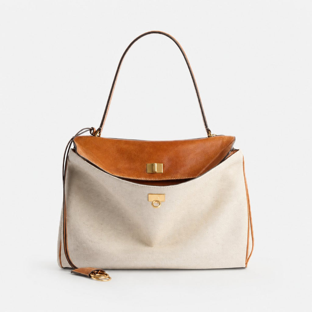Beige Linen and Tan Leather Top-Handle Bag, photo 1