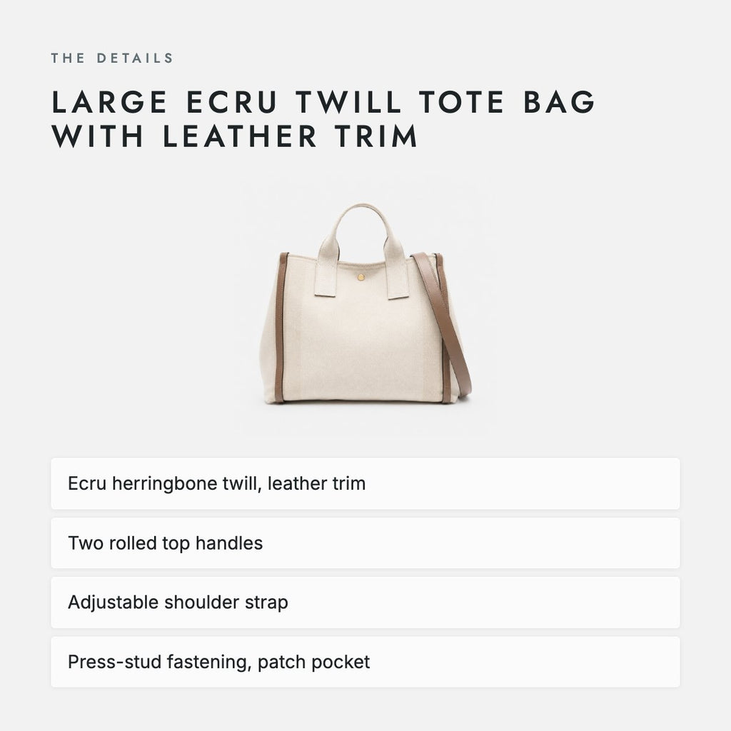 Large Ecru Twill Tote Bag with Leather Trim, photo 4
