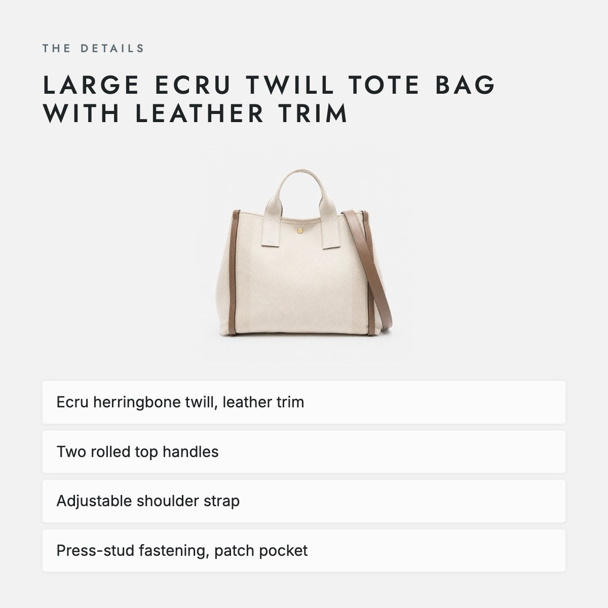 Large Ecru Twill Tote Bag with Leather Trim, photo 4