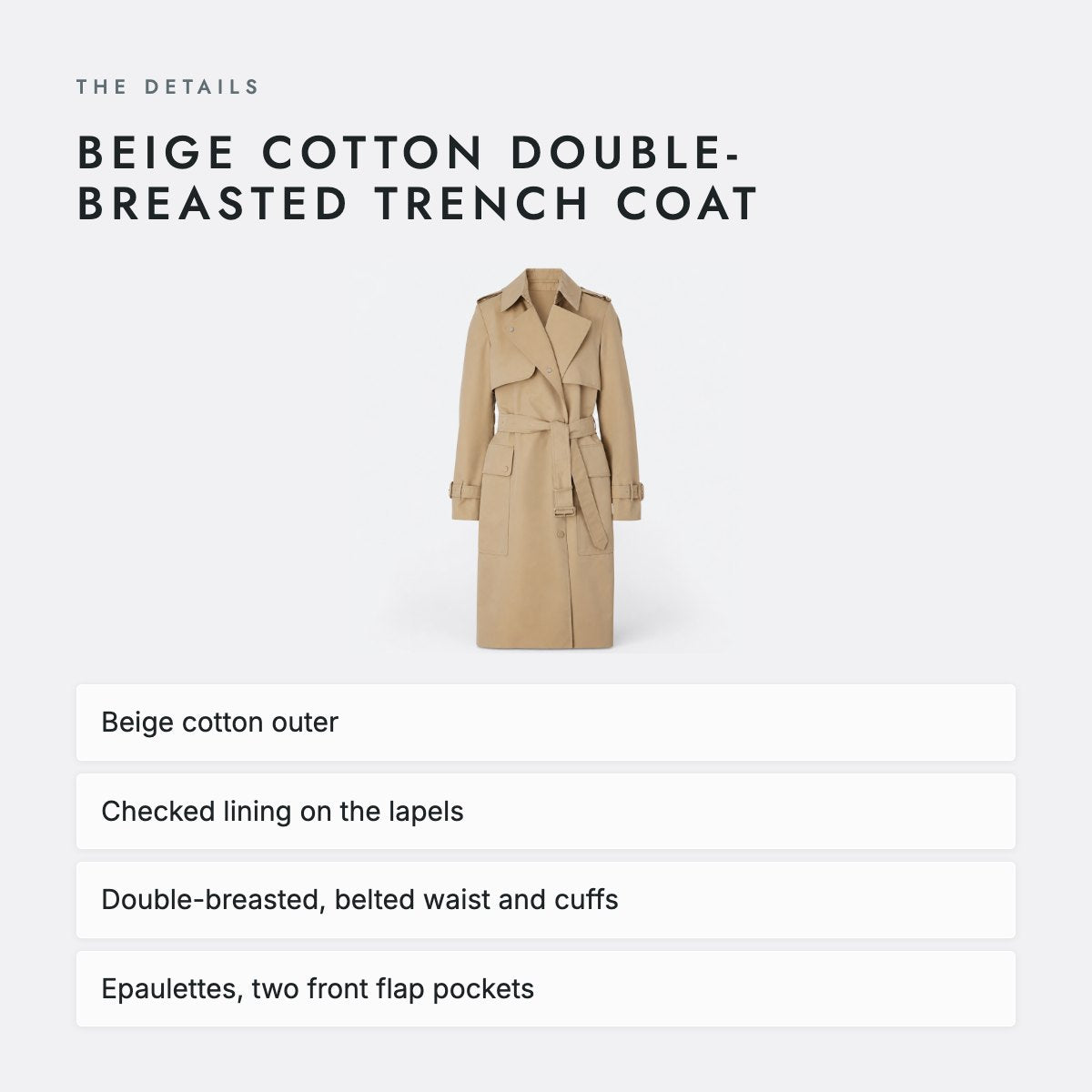 Beige Cotton Double-Breasted Trench Coat, photo 4