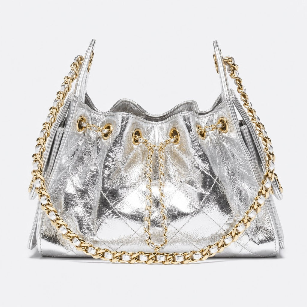 Silver Metallic Calfskin Mini Drawstring Bag, photo 1