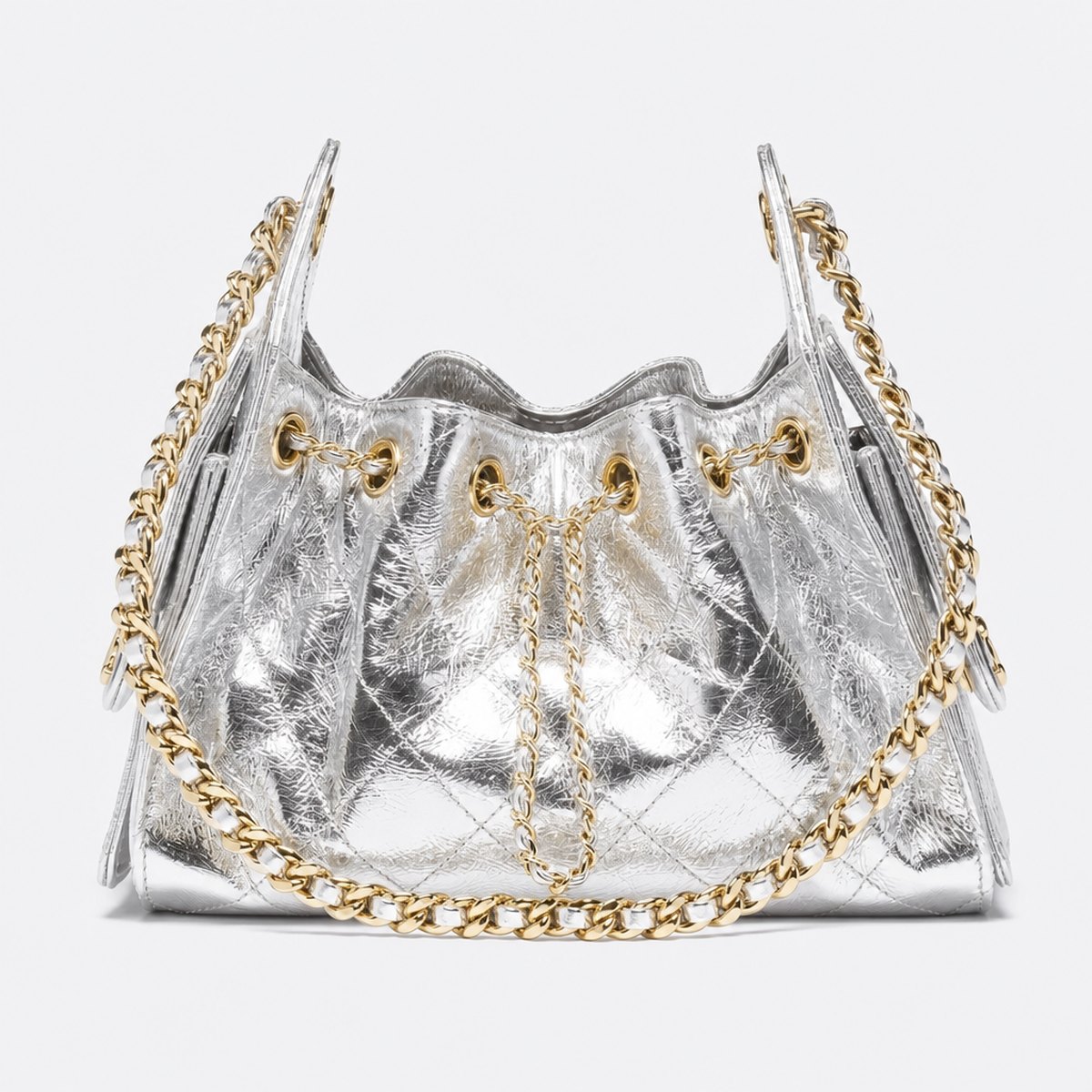 Silver Metallic Calfskin Mini Drawstring Bag, photo 1
