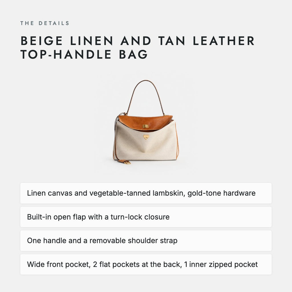Beige Linen and Tan Leather Top-Handle Bag, photo 4