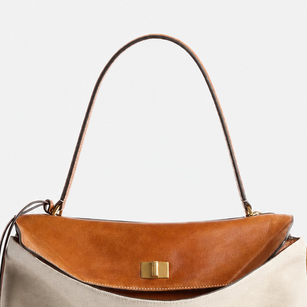 Beige Linen and Tan Leather Top-Handle Bag, photo 2