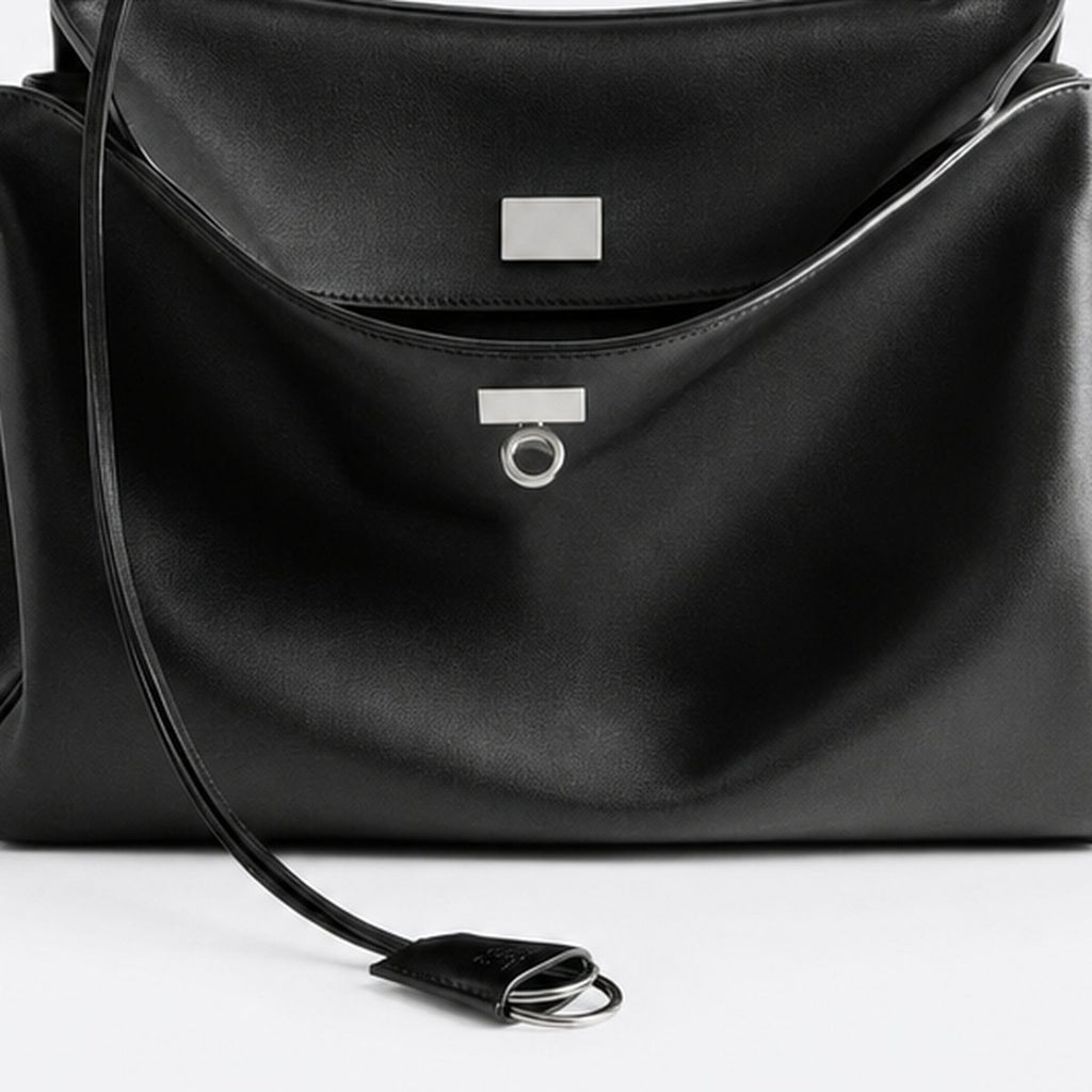 Black Leather Top-Handle Bag, Silver-Tone Hardware, photo 3