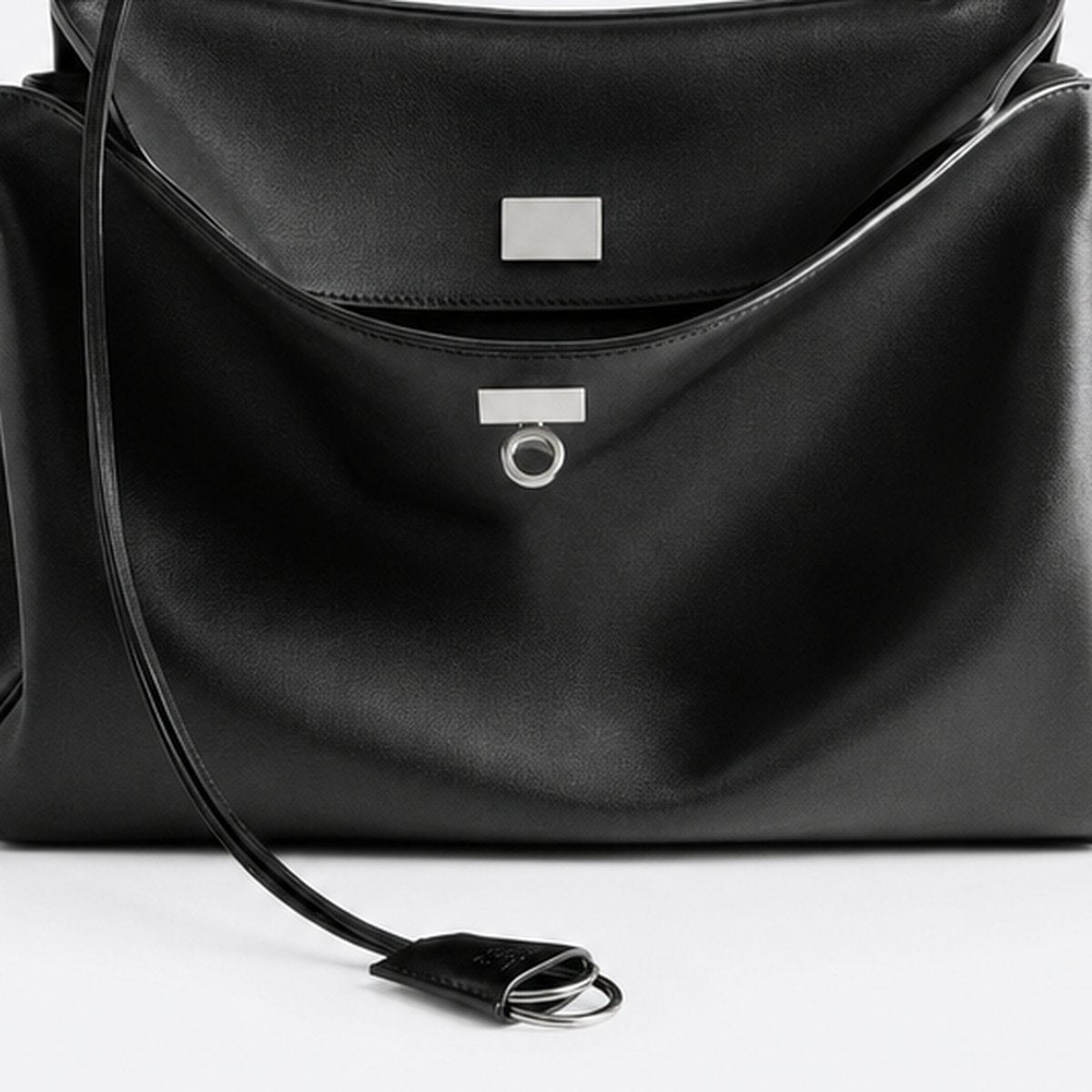 Black Leather Top-Handle Bag, Silver-Tone Hardware, photo 3