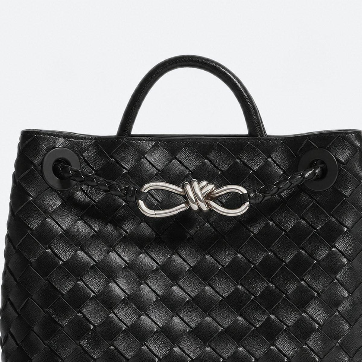 Black Woven Leather Top-Handle Bag, Silver Hardware, photo 2