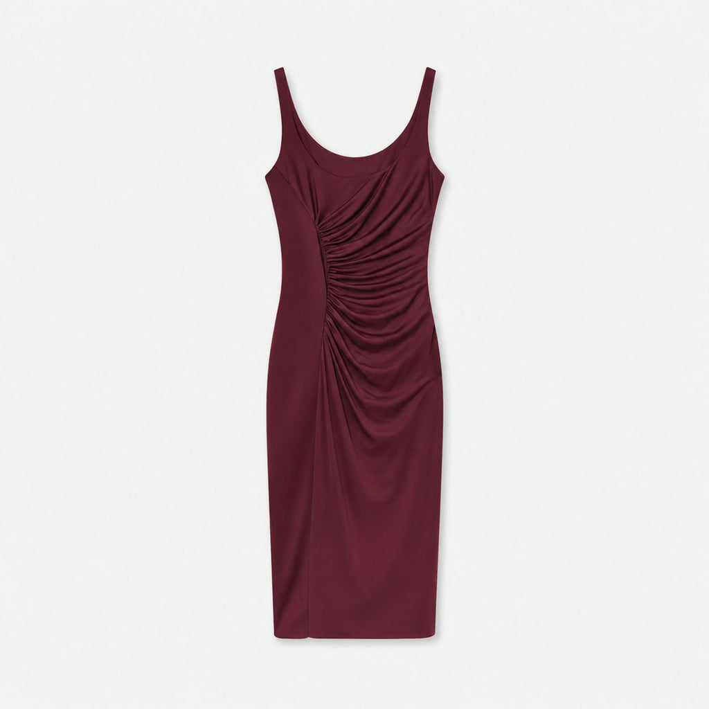Dark Red Ruched Sleeveless Midi Dress, photo 1