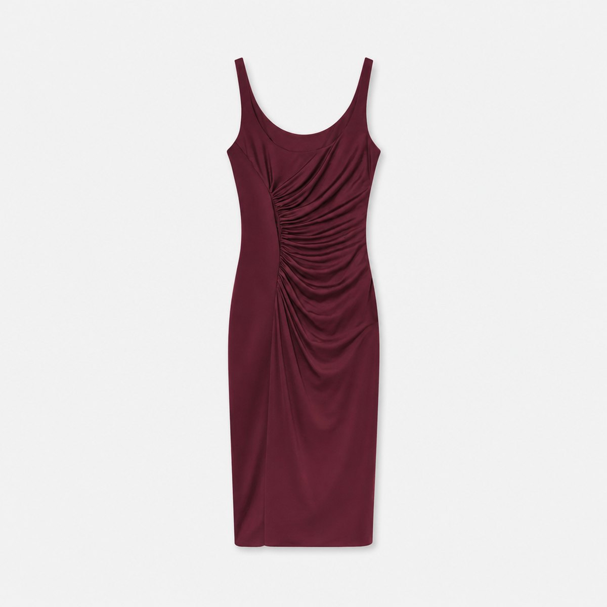 Dark Red Ruched Sleeveless Midi Dress, photo 1