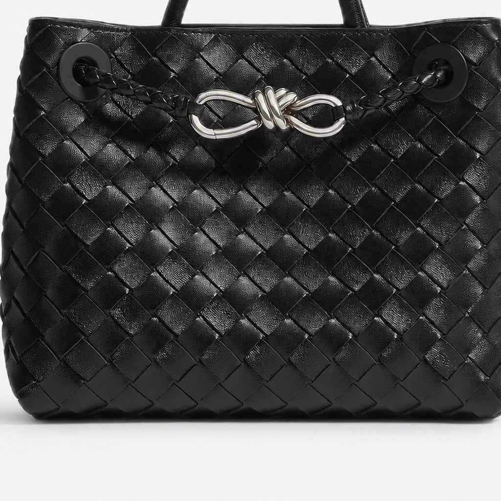 Black Woven Leather Top-Handle Bag, Silver Hardware, photo 3