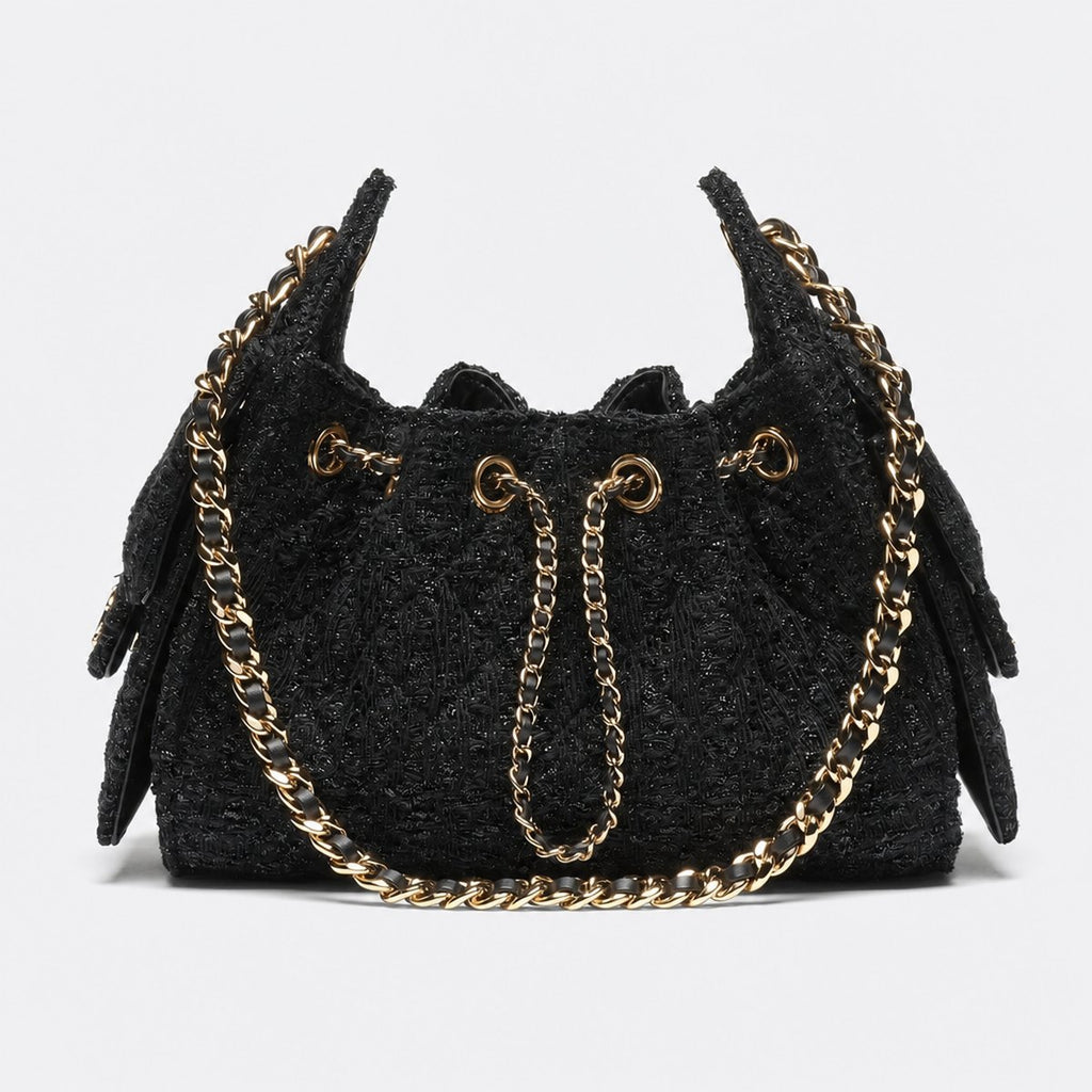 Black Cotton and Wool Tweed Mini Drawstring Bag, photo 1