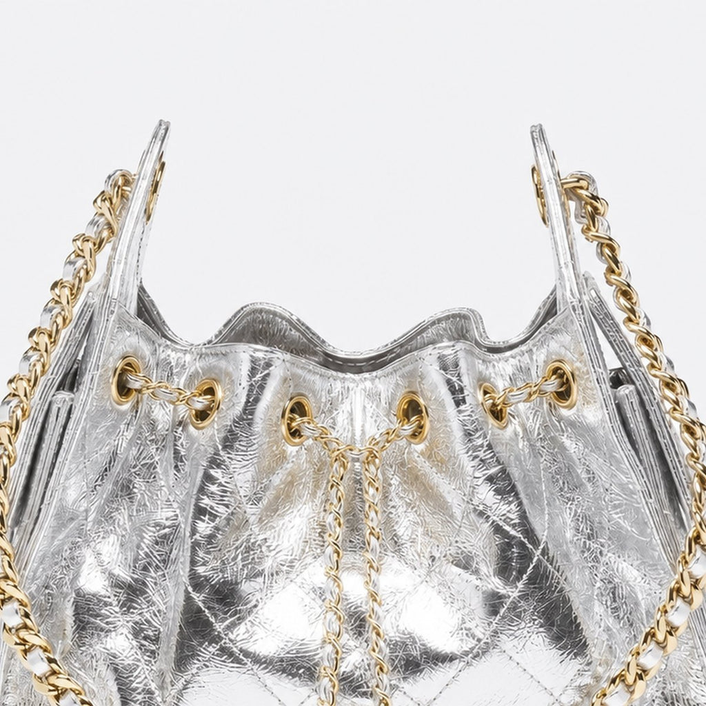 Silver Metallic Calfskin Mini Drawstring Bag, photo 2