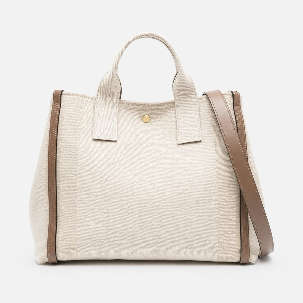 Large Ecru Twill Tote Bag with Leather Trim, photo 1
