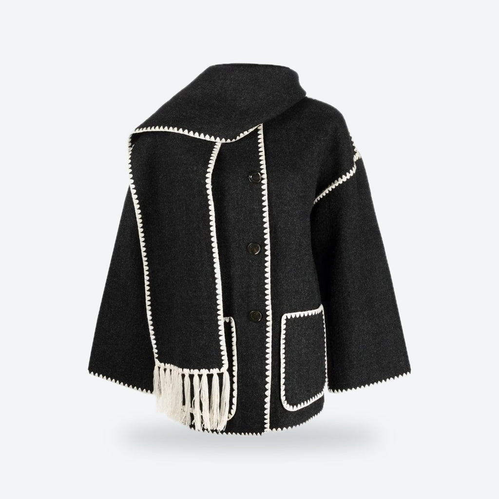 Grey Wool-Blend Jacket with Attached Scarf, photo 1
