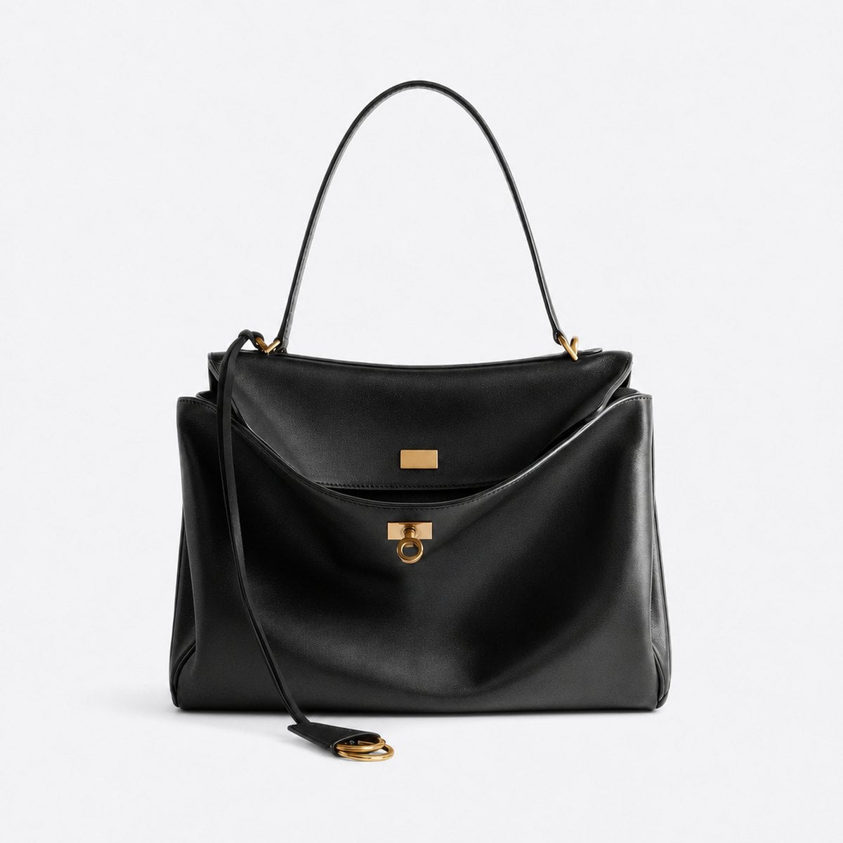 Black Leather Top-Handle Bag, Gold-Tone Hardware, photo 1