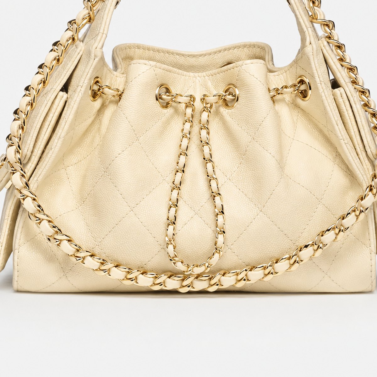 Ecru Quilted Grained Calfskin Mini Drawstring Bag, photo 3