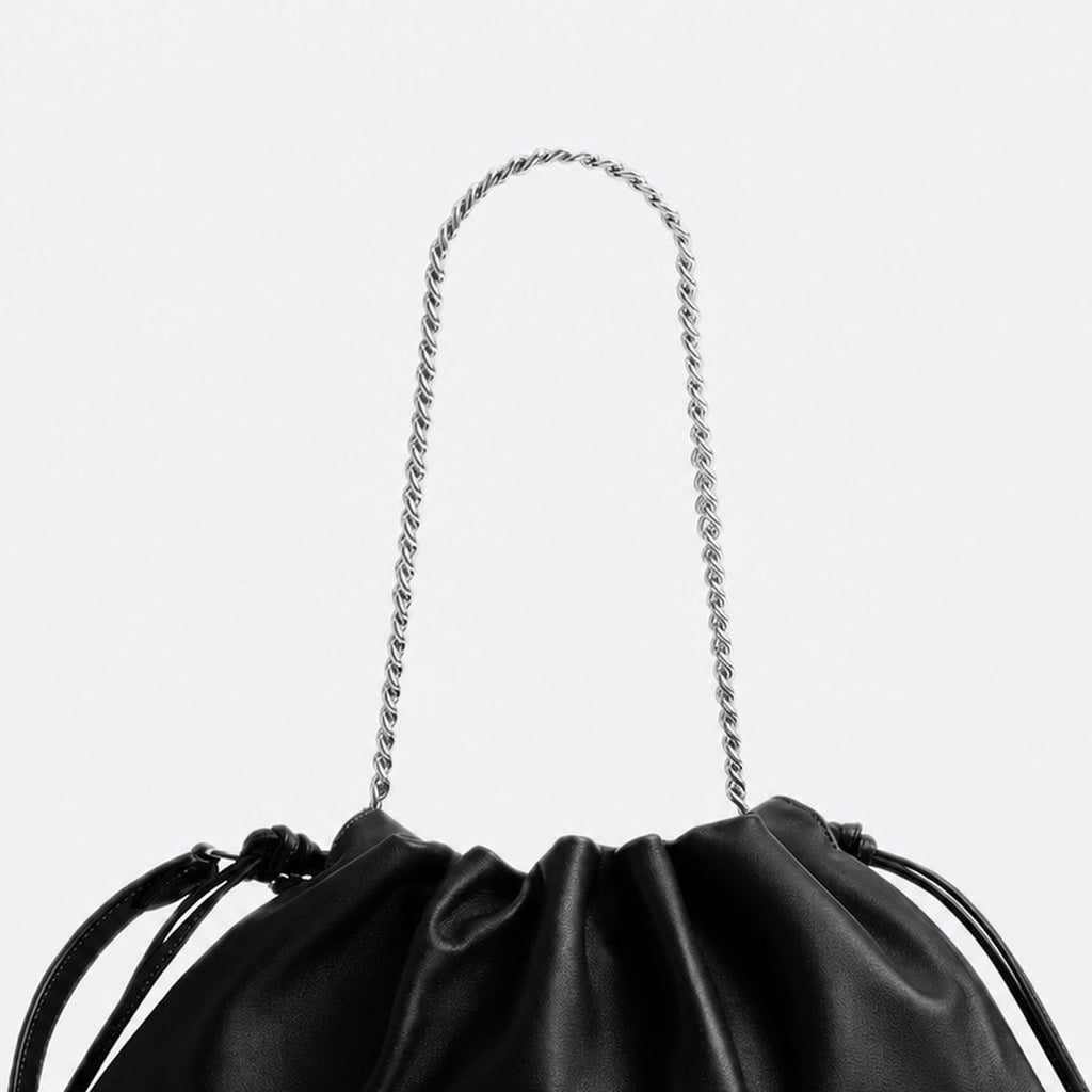 Black Smooth Leather Drawstring Shoulder Bag, photo 2