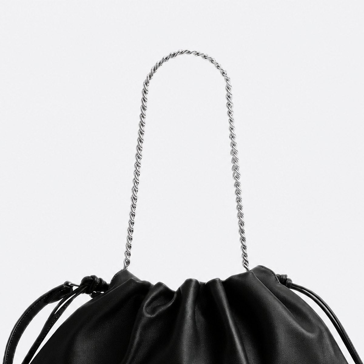 Black Smooth Leather Drawstring Shoulder Bag, photo 2